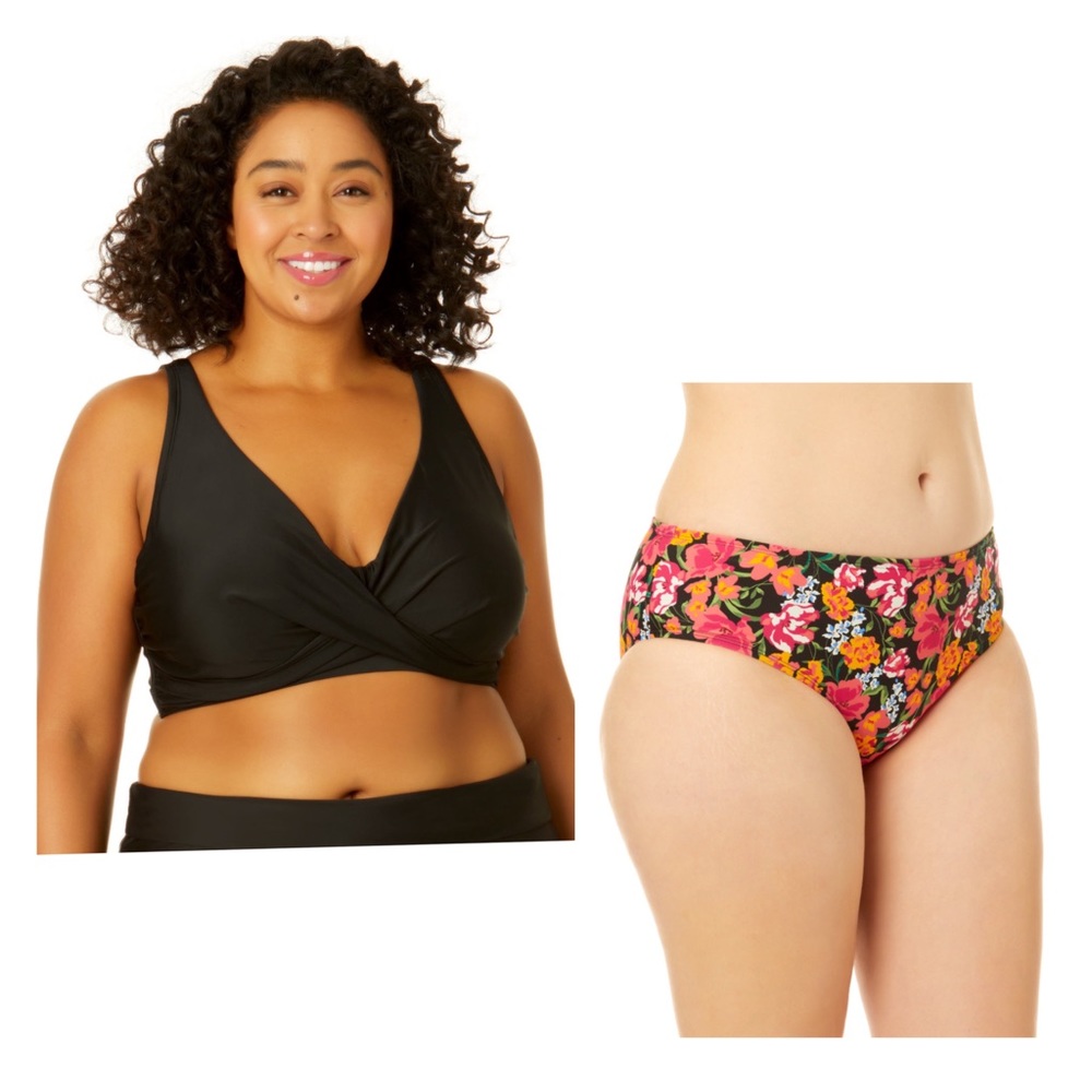 Nwt Women's swimsuit time and tru 1X Top Plunge Rich Black bottom’s XL floral - Picture 15 of 16